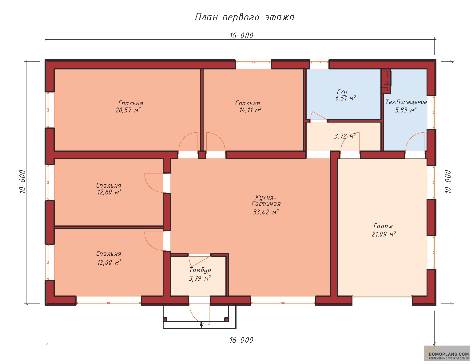 Планировка одноэтажного дома с пятью спальнями