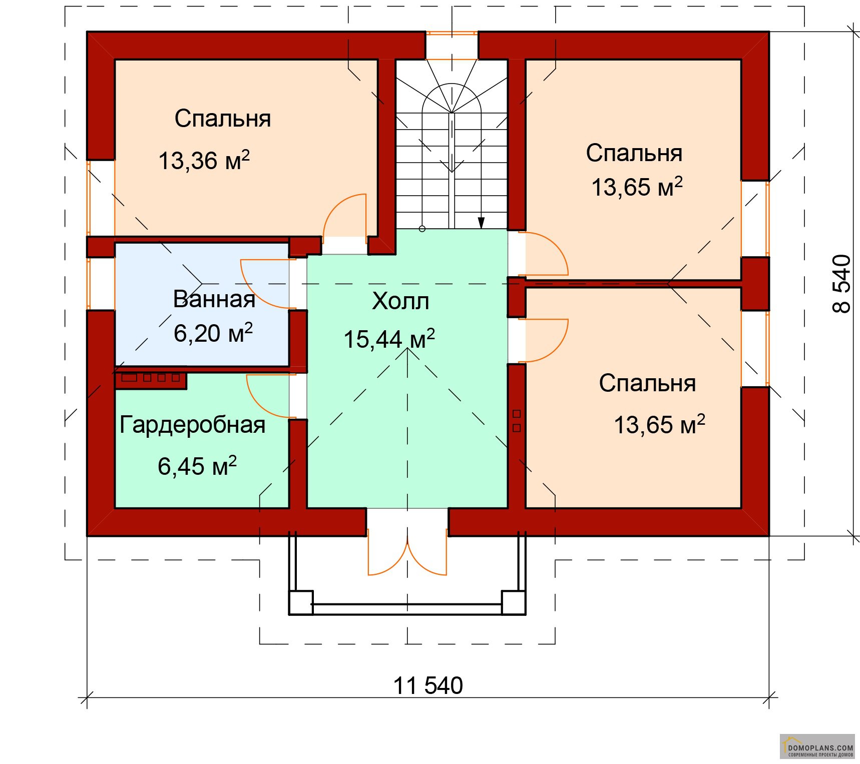 Планировка 2 этажа частного дома с лестницей с 3 спальнями